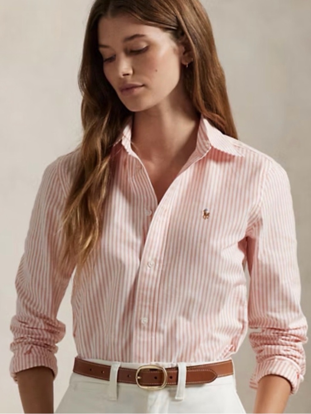 Polo by Ralph Lauren Light Coral and White Striped Oxford Button-Down Shirt